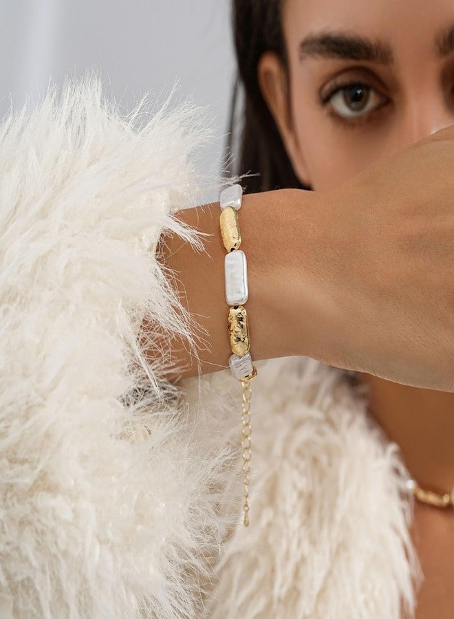 GLMOCM Baroque Pearl Bracelet for Women 14K Gold Pearl Statement Bracelet Dainty White Pearl Stretch Bracelets Birthday Jewelry Gift for Women (D) - Image 3
